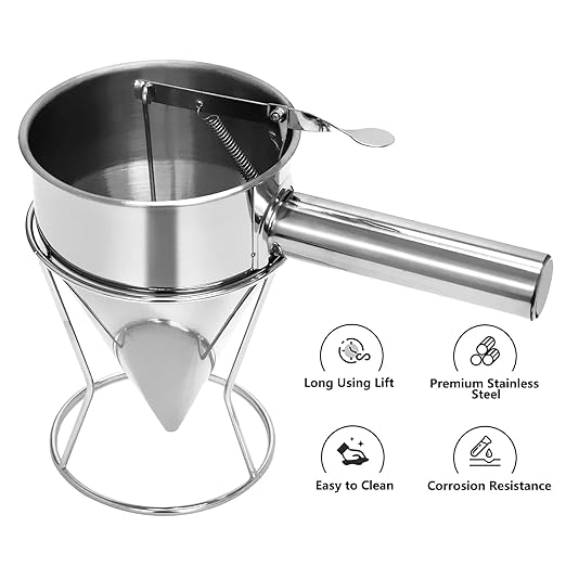 Stainless Steel Pancake Batter Dispenser, Funnel Dispenser with Stand, Kitchen Must Have Tool for Perfect Pancakes, Cupcake, Waffle, Muffin Mix, Cake & Crepe, Easy Pour Baking Supplies for Griddle