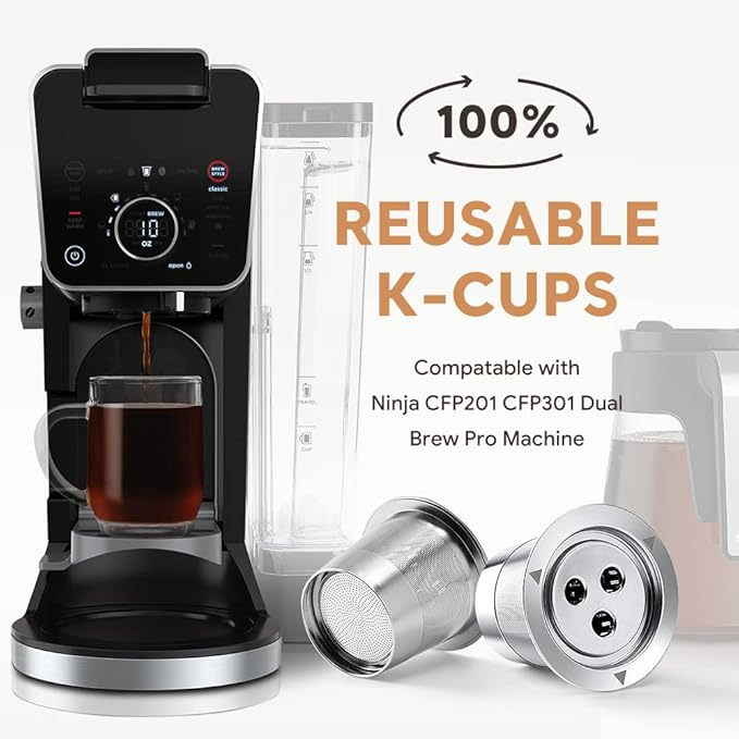2 Pack K Cups Reusable Coffee Pods for Ninja Dual Brew Coffee Maker Stainless Steel Permanent K Cups Filters Coffee Accessories Compatible with Ninja CFP201 CFP301 Dual Brew Pro Machine