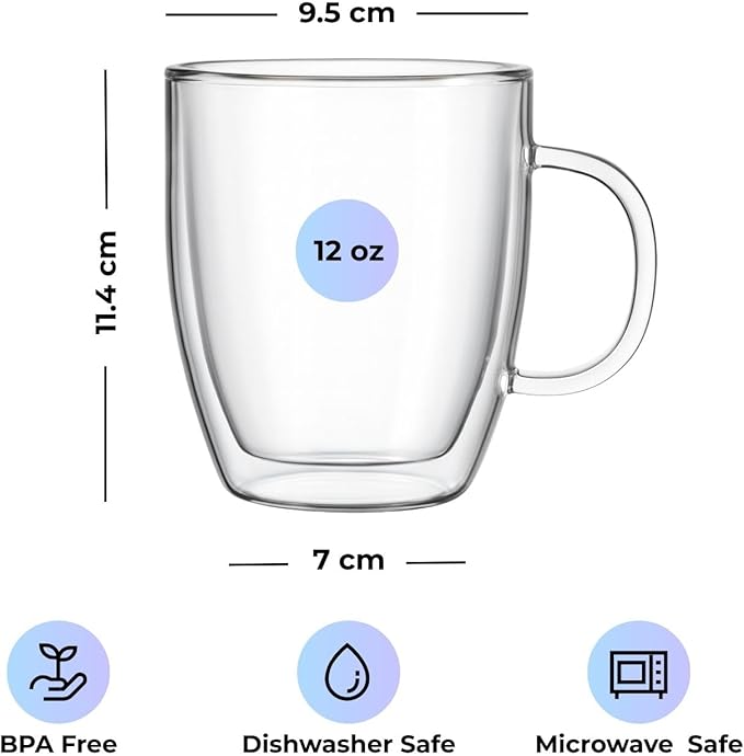 Lucco Double Walled Glass Coffee Mugs (Set of 4) - 12 oz Borosilicate Cups for Hot or Cold Drinks, Insulated Latte, Tea & Espresso Cups