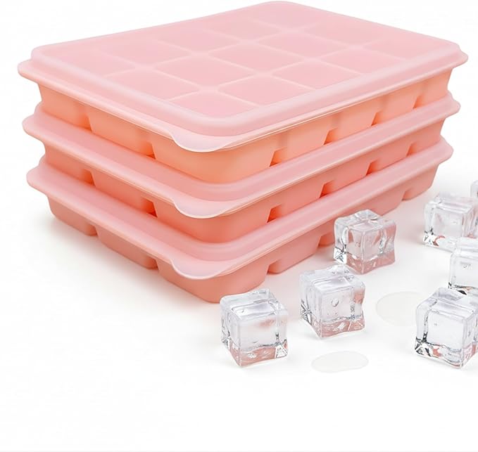Ice Cube Trays Set of 3, Easy Release 15 Flexible Silicone Ice Cube Molds with Removable Lid Reusable Freezer Ice Trays Stackable for Whiskey, Pink