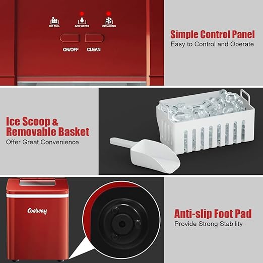 COSTWAY Countertop Ice Maker, 26Lbs/24H Portable Ice Machine with Self-Cleaning Function, Bullet Ice Cubes Ready in 8 Mins, Scoop and Removable Basket,Ice Maker for Home Party Bar, Red