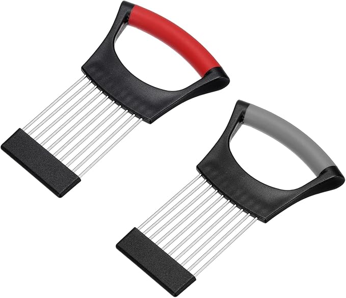 uxcell 2 Pcs Onion Slicer Holder, Stainless Steel Vegetable Cutting Holder Food Cutter Tool for Slicing Storing Onions Tomatoes Potatoes Avocados Apples, Black Red/Black Grey