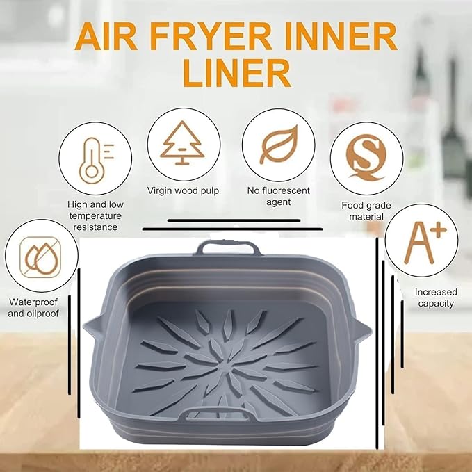 Reusable Silicone Air Fryer Liners (2-Pack) – 8.5” Square, Non-Stick & Easy to Clean, Heat-Resistant Basket for 4-7 Qt Air Fryers – Grey & Black