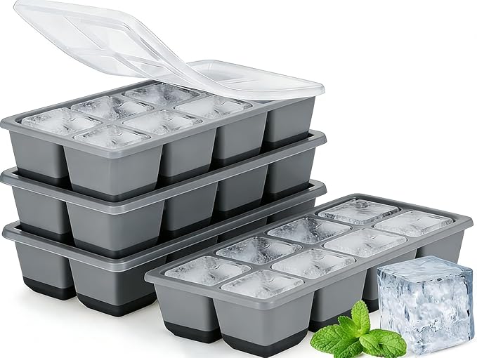 Ice Cube Trays 4 Pack, JRISBO Large Silicone Ice Cube Molds with Leak-Proof Lid, TPE Frame & Easy Release Bottom, Stackable Freezer Ice Trays for Whiskey, Cocktails, Soup, BPA Free
