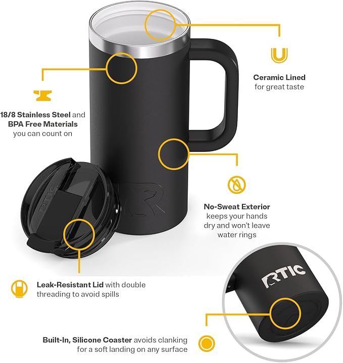 RTIC 16oz Road Trip Travel Mug with Lid and Handle, Ceramic Lined, Insulated, Stainless Steel, Metal, Double Wall Vacuum-Insulation, Portable Coffee, Tea Cup for Hot and Cold Drink, Black