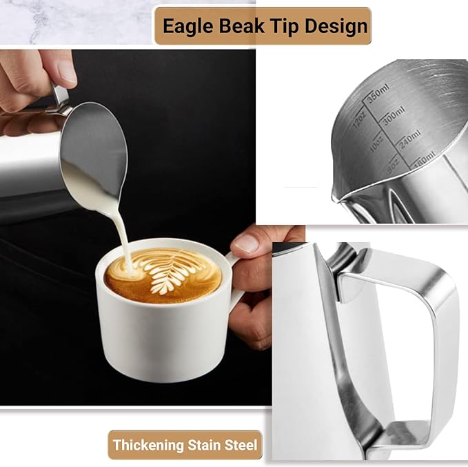 Milk Frothing Pitcher, 350ml/12oz Milk Frother Cup Stainless Steel Jug Steaming Pitcher, Milk Coffee Cappuccino Latte Art Barista Steam Pitchers Milk Jug Cup with Decorating Pen