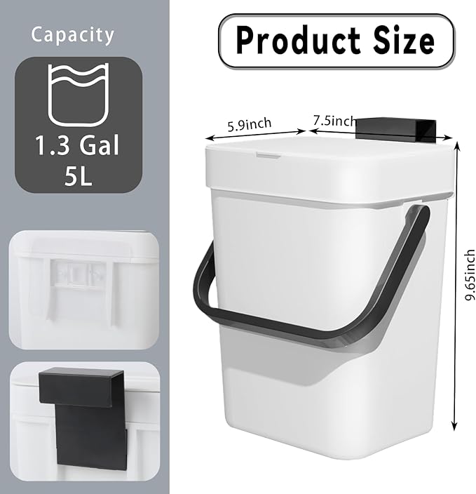 Compost Bin Kitchen, for use on Countertops or Under Sinks, Hanging Trash Can with Lid, Mountable Indoor Compost Bucket, for Cupboard/Bathroom/Bedroom/Office/Camping (White 1.3 Gallon/5L)
