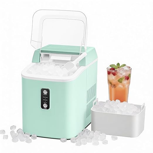 NEWBULIG Nugget Ice Makers Countertop, Portable Nugget Ice Machine, Ready in 6 Mins, 24lbs in 24Hrs, Auto-Cleaning, with Basket and Scoop, for Home, Kitchen, RV, Camping, Green