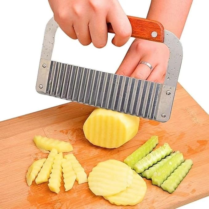 Heavy Duty Stainless Steel Large Crinkle Cutter Wavy Chopper French Fry Slicer for Potatoes Carrot Chips and Fruits, Vegetable, Potatoes, Onions (Wood-Style II, 1 PCS)