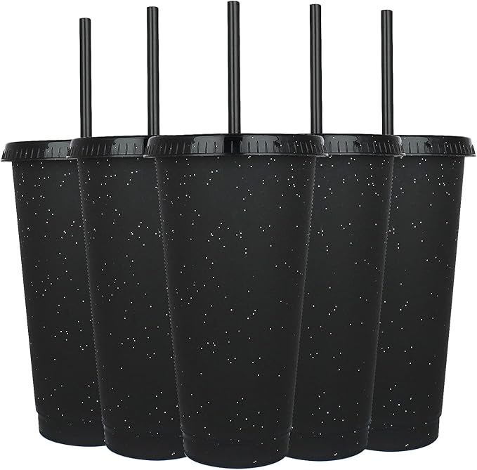 Suertestarry Tumbler with Straw and Lid,Water Bottle Iced Coffee Travel Mug Cup,Reusable Plastic Cups,Perfect for Parties,Birthdays… (Black, 5pack)