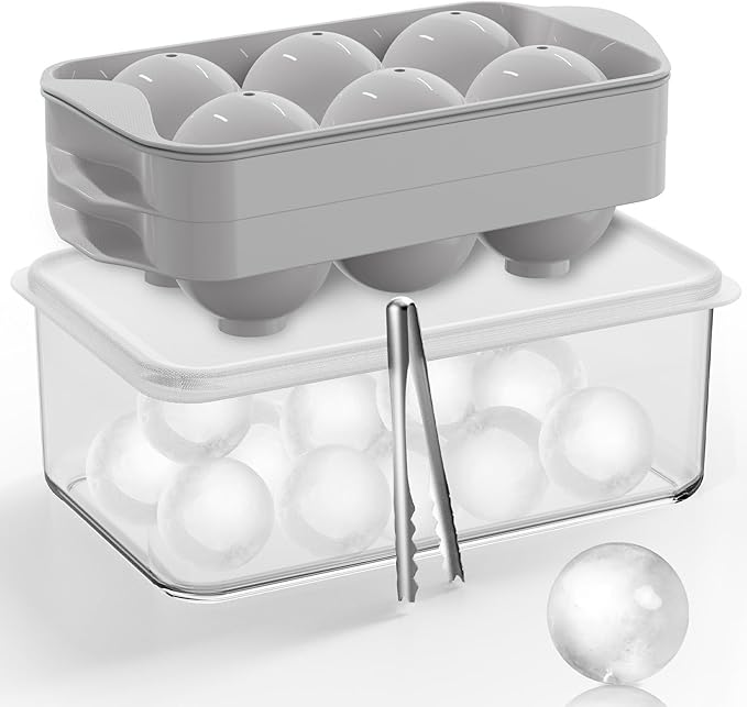 Whiskey Ice Cubes Mold 2 Pack - Round Ice Cube Mold & Ice Ball Maker Set with Storage Bin, Ice Cube Trays with Lid, Tongs for Bourbon & Cocktails, Gifts for Whiskey Lover