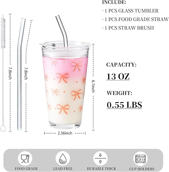 Olvini Coquette Cute Pink Bow Glass Cups with Lids and Straws, Aesthetic Iced Coffee Cups, Preppy Glass Cups, Coffee Tumbler, Matcha Cup, Teen Girl Gifts Trendy Stuff (Bow)