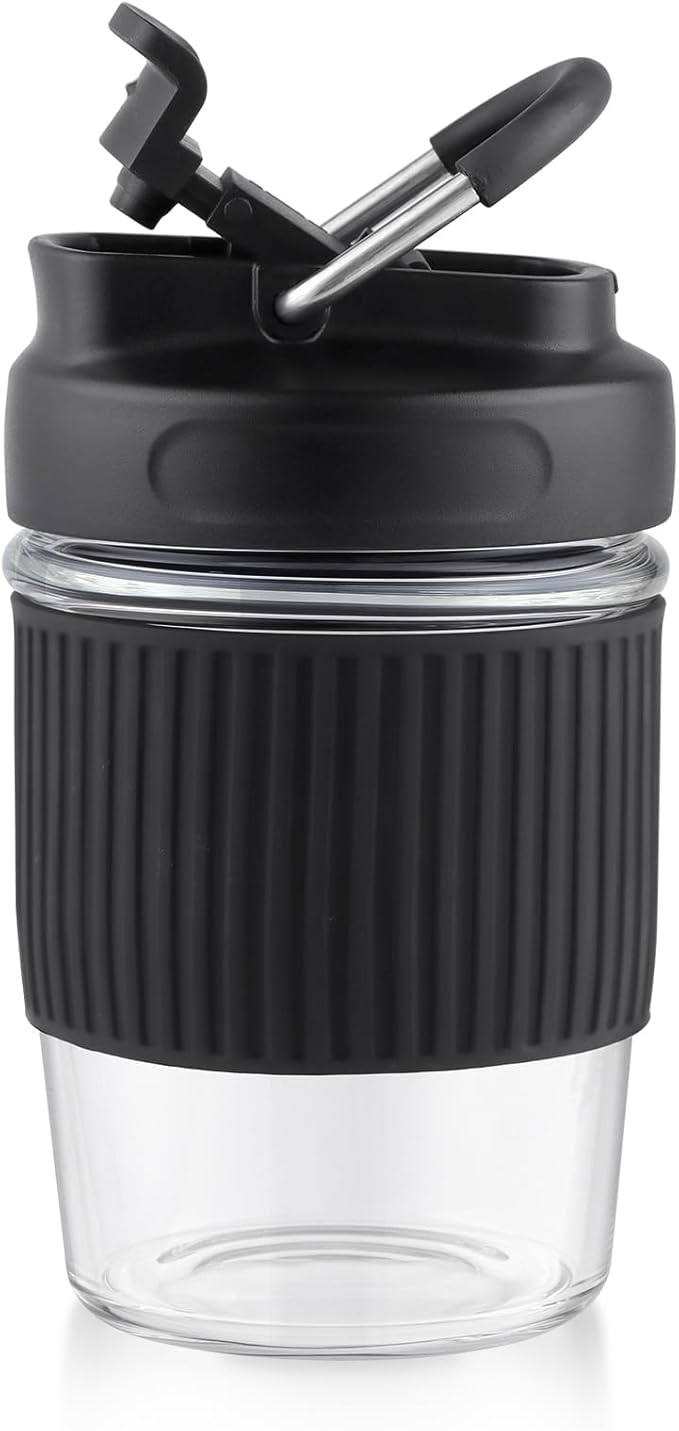 Sivaphe Reusable Glass Ice Hot Coffee Cup 12 oz, Portable Travel Mug with Spill-Proof Lid and Thermal Sleeve for Home Office Black