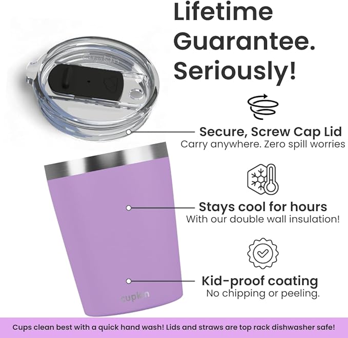 CUPKIN Stackable Stainless Steel Kids Cup Smoothie Tumbler, Powder Coated Insulated Tumblers, BPA Free Lid and Silicone Straw 8 Fl Oz (Pack of 1), Purple