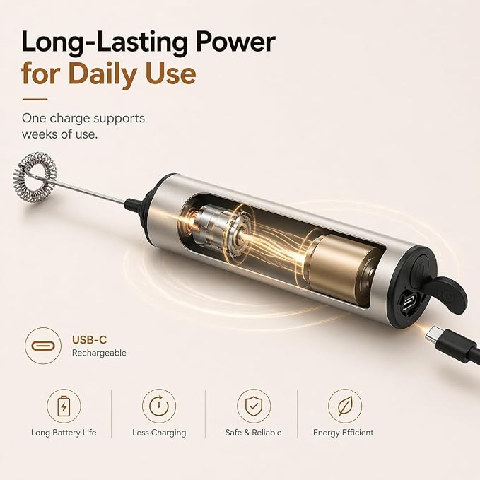 Rechargeable Milk Frother with Stand, Electric Whisks Foam Maker, POWERFUL USB C 2 Speed Handheld Drink Mixer for Coffee, Latte, Cappuccino, Matcha Drinks,Silver