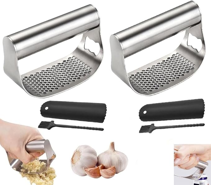 Garlic Presses,Stainless Steel Garlic Presser, Garlic Press Rocker Heavy Duty Stainless Steel Garlic Mincer, Garlic Chopper with Peeler And Cleaning Brush for Smash Garlic Kitchen Tools(2Set)