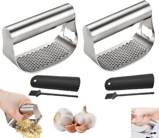 Garlic Presses,Stainless Steel Garlic Presser, Garlic Press Rocker Heavy Duty Stainless Steel Garlic Mincer, Garlic Chopper with Peeler And Cleaning Brush for Smash Garlic Kitchen Tools(2Set)