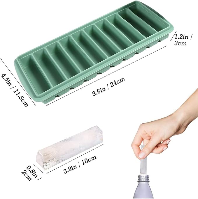 LessMo 2 PCS Ice Cube Tray, Long Ice Stick Tray Silicone with Lid, Rectangular Narrow Stick, Reusable, Flexible, Easy Release, for Small Mouth Sport Bottles, Juice Bottles, Cocktail Parties, Green