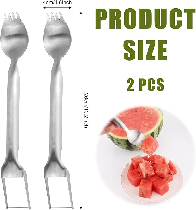 2 Pcs 2-in-1 Watermelon Fork Slicer Cutter, Stainless Steel Fruit Slicer Tool Multifunctional Portable Water Melon Cube Cutter Fruit Fork for Family Gathering Picnic Camping Home Kitchen Gadgets