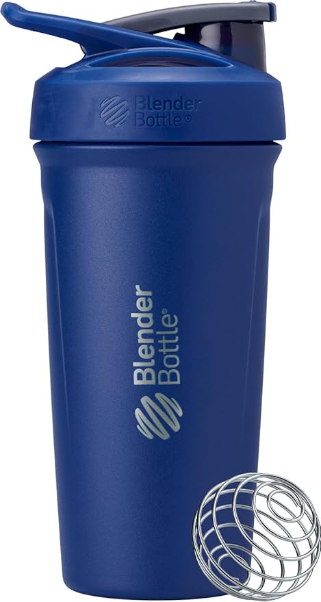 BlenderBottle Sport Shaker Cup Insulated Stainless Steel Water Bottle with Wire Whisk, 24-Ounce, Full Color Blue