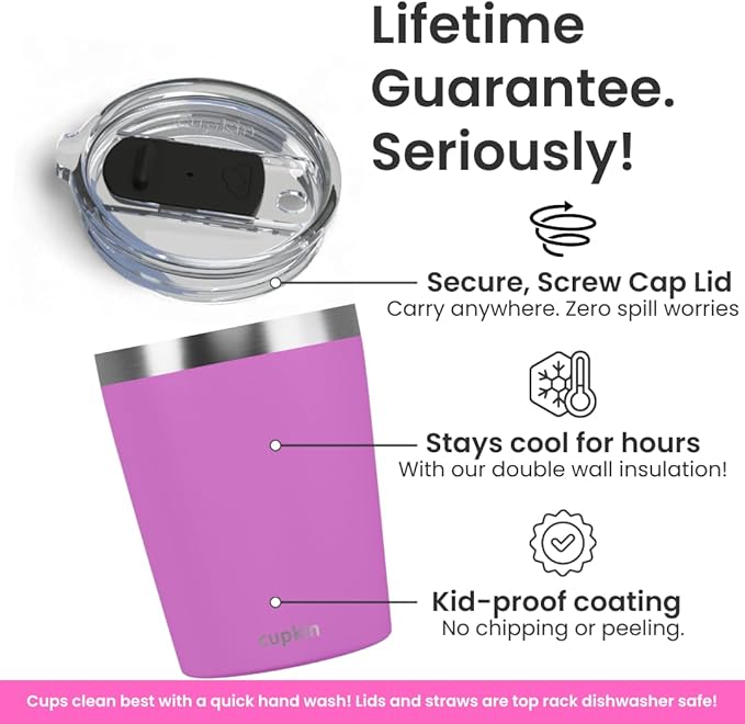 CUPKIN Cups with Lids and Straws, The Original 8 oz Stackable Stainless Steel First Sippy Cup, Set of 2 Powder Coated Insulated Kids Hot Drink Cup + BPA Free Lids + Silicone Straws (Green + Pink)