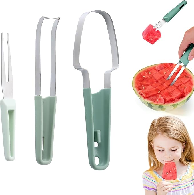 3in1 Watermelon Cutter Slicer Tool, Watermelon Popsicle Cutter, Watermelon Stainless Steel Fork Slicer Set, Watermelon Knife Fruit Cutter Fork for Kitchen Utility Gadgets