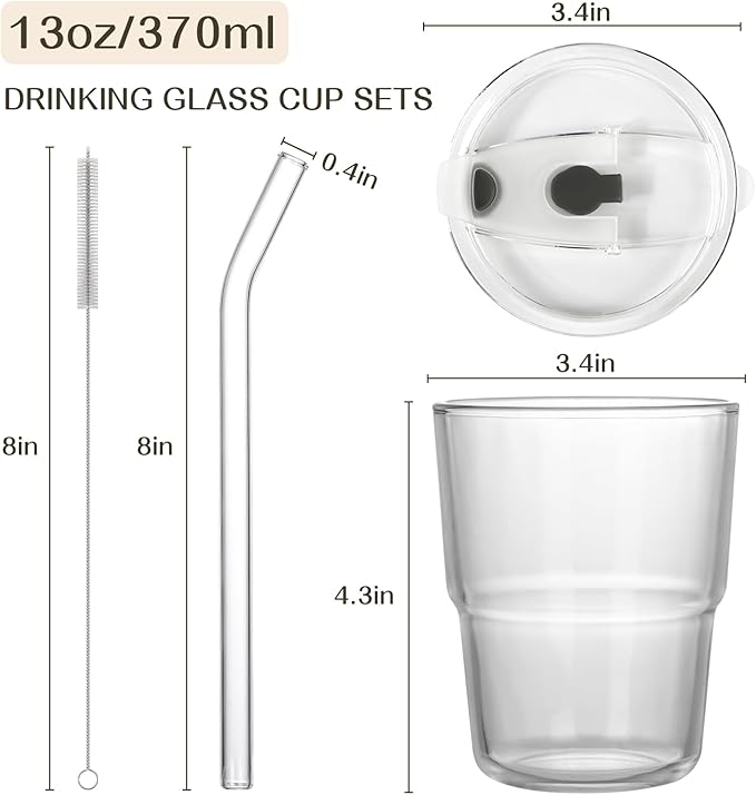 AUFXKOO13oz Glass Tumbler with Straw and Lid，2 Pack Iced Coffee Cups with lids Reusable,Glass to go Coffee Cup,Glass Cups with Lids for Drinking Matcha, Coffee, and Juice.