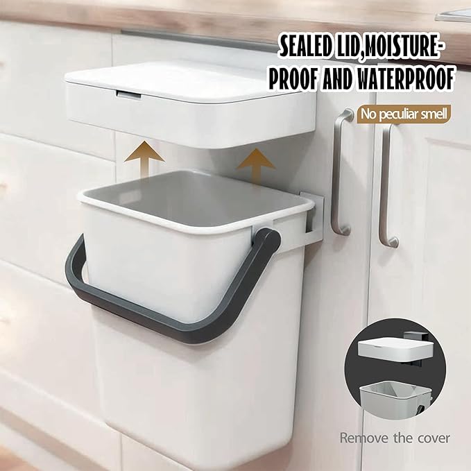 Compost Bin Kitchen, for use on Countertops or Under Sinks, Hanging Trash Can with Lid, Mountable Indoor Compost Bucket, for Cupboard/Bathroom/Bedroom/Office/Camping (White 1.3 Gallon/5L)