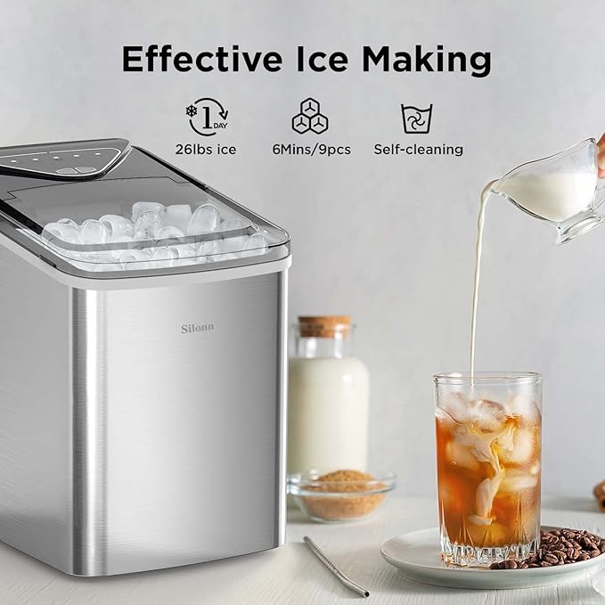 Silonn Countertop Ice Maker Machine, 9 Ice Cubes Ready in 6 Mins, 26 lbs/24 Hrs, Self-Cleaning Portable Ice Maker with Scoop & Basket, 2 Bullet Ice Sizes for Home, Kitchen, Office, Bar, Party