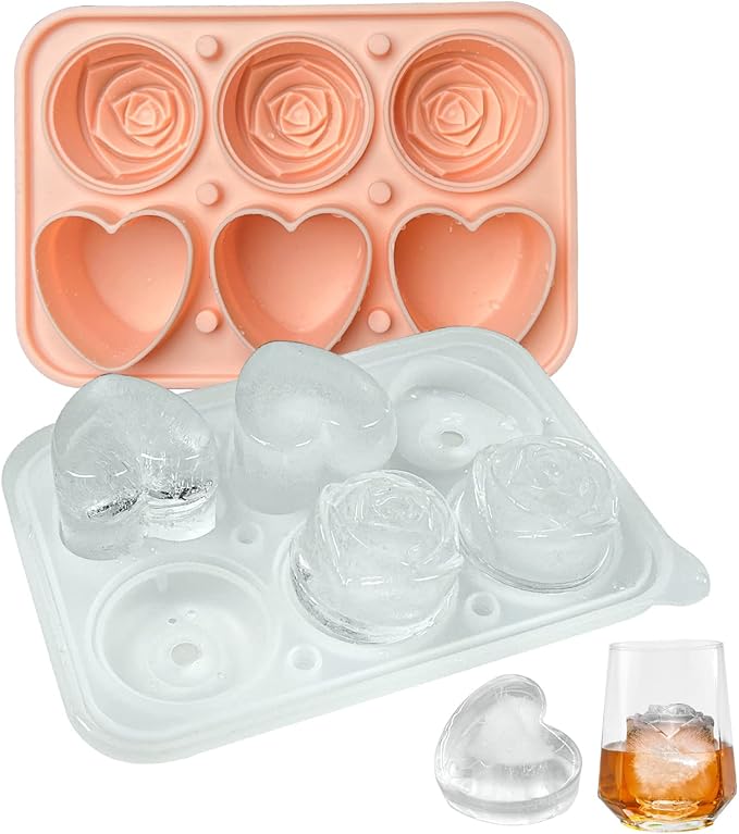 Rose Ice Cube Mold, Heart Shapes Ice Cube Tray, Silicone Ice Mold Fun Shapes with Clear Funnel-type Lid, 3 Heart & 3 Rose Ice Balls for Chilling Whiskey Cocktails Drinks, Pink