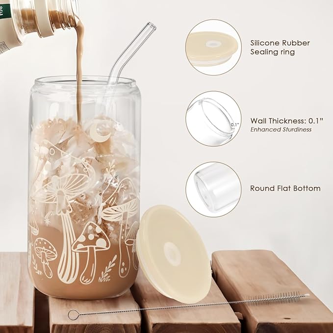SANDJEST Mushroom 16oz Can Glass Tumbler with Acrylic Lid & Straw, Iced Coffee Cup for Women, Aesthetic Cups Gifts for Birthday Christmas