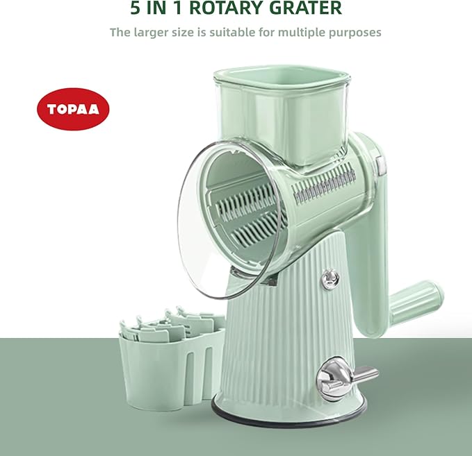 Rotary Cheese Grater with Handle - Vegetable Shredder with 5 Blades & Strong Suction Base, Round Slicer & Food Chopper for Kitchen (Green)