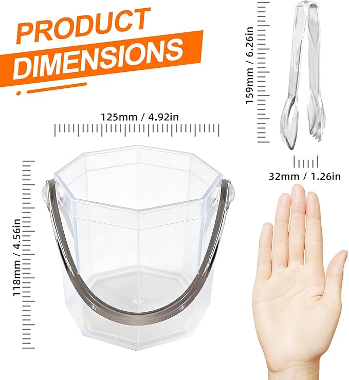 Crystal Ice Bucket with Handle & Tongs-1.1 L Plastic Clear Champagne Ice Buckets for Parties, Beer, Wine, Drinks, Cocktails,-Soda, Mimosa Bar Supplies (Style-A, 37 oz (1.1 L))
