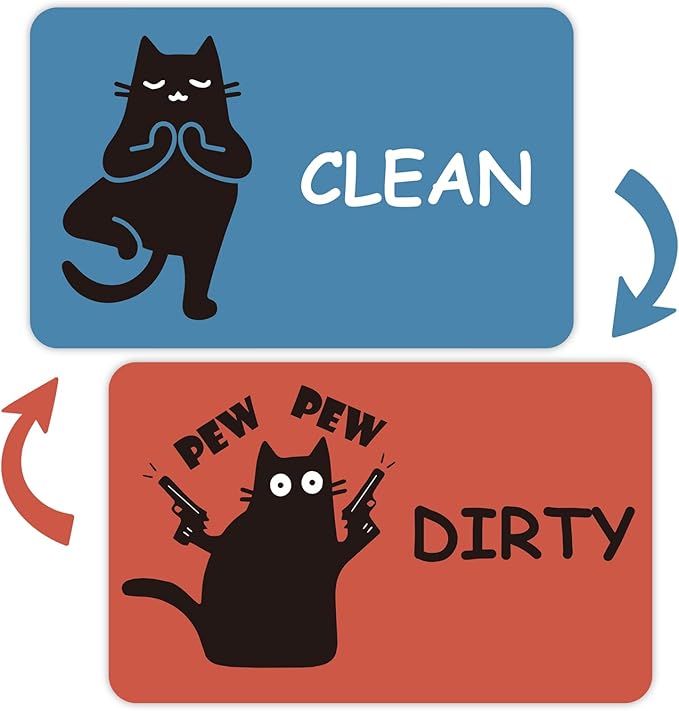 Funny Black Cat Clean Dirty Dishwasher Magnet - Cute Refrigerator Kitchen Magnet, Non-Scratch Strong Double Sided Washing Machine Sign, Housewarming Gifts for Cat Lovers, Home Apartment Essentials (Blue&Red)