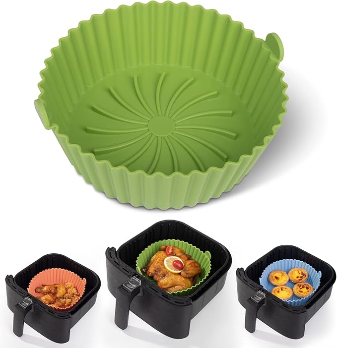 Air Fryer Silicone Liners - Reusable Non-stick Air Fryer Silicone Pot Liner Compatible with COSORI Air Fryer Basket Accessories (Large, Green)