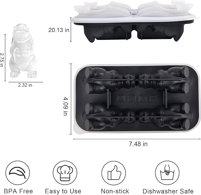 Dinosaur Ice Cube Tray Mold - 3D Dino Shape Ice Cube Trays, Cute Monster Ice Cube Molds for Whiskey Bourbon, 4-Hole Large Fun Shapes Ice Cube Trays with Lid, Funny Dinosaur Gifts for Lovers Women Men