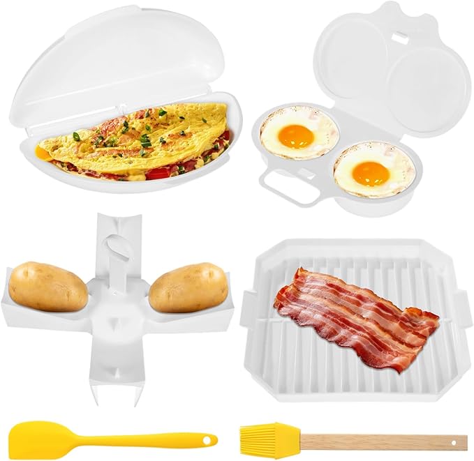 6 PCS Microwave Breakfast Cooking Set, Includes microwave egg cooker, Omelet Maker, Bacon Tray, Potato Rack, Silicone Spatula & Brush, Non-Stick and Easy-to-Use Microwave Egg Bacon Cooking Kit