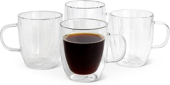 Amazon Basics Double Walled Glass Coffee Mugs, 4-Piece Set, 12 oz., Dishwasher-Safe