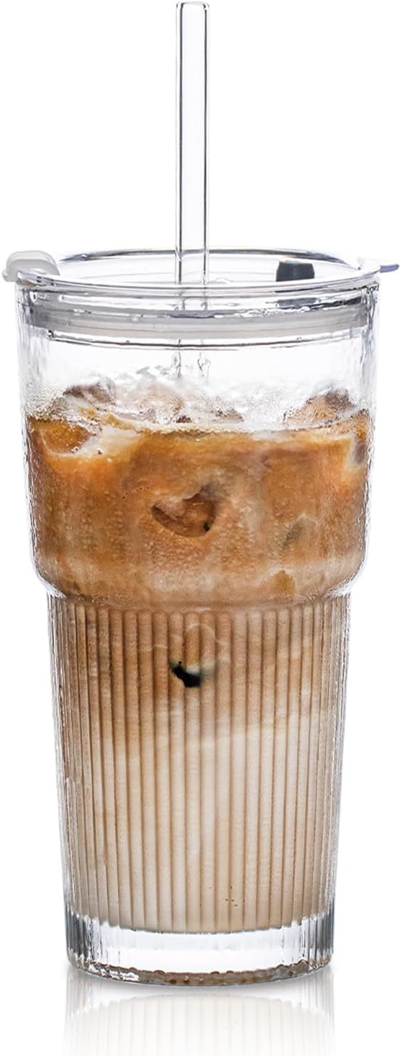 SoulTimes 20oz Glass Tumblers with Lids and Straws, Set of 1 - Stylish Ribbed Design Drinking Glasses for Iced Coffee Cups, Juice, Smoothies, Cold Beverages, Includes Cleaning Brush, Durable Glassware