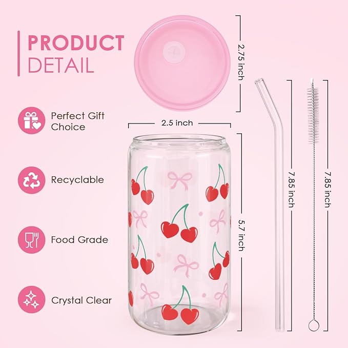 SANDJEST Cherry 16 Oz Can Glass Tumbler with Acrylic Lid and Straw - Iced Coffee Cups for Women, Aesthetic Glass Cup Gift for Birthday Christmas
