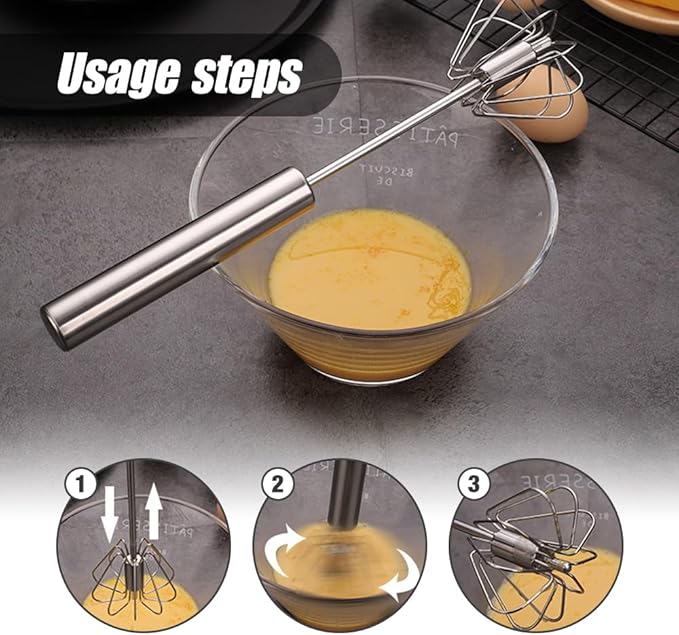 2026 Upgraded Stainless Steel Semi-Automatic Whisk, Stainless Steel Hand Push Rotary Whisk Egg Mixer, Hand Push Mixer Stirrer Tool Easy Whisk Egg Beater for Cooking (10 In)