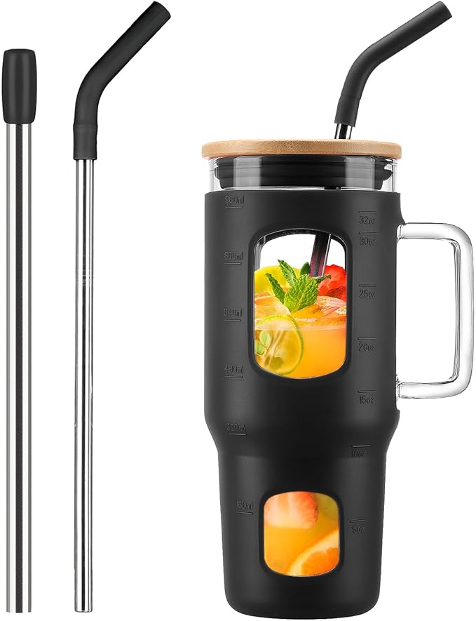 WINSA Glass Tumbler with Lid, 32 oz Glass Cup with Handle, Glass Water Bottles with Time Marker, 2 Straws - Pearl Straw & Silicone Protective Sleeve - Black