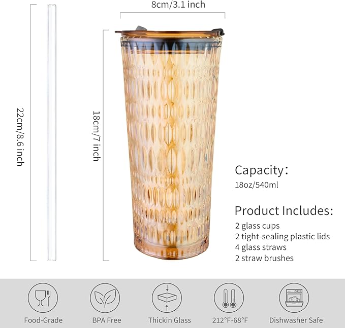 Puraville 2 Pack 18oz Glass Cups with Lids and Straws, Vintage Diamond Pattern Thickened Glassware for Whiskey Cocktail Beer, Mason Jar Drinking Glasses Tumbler Iced Coffee Cup, Amber