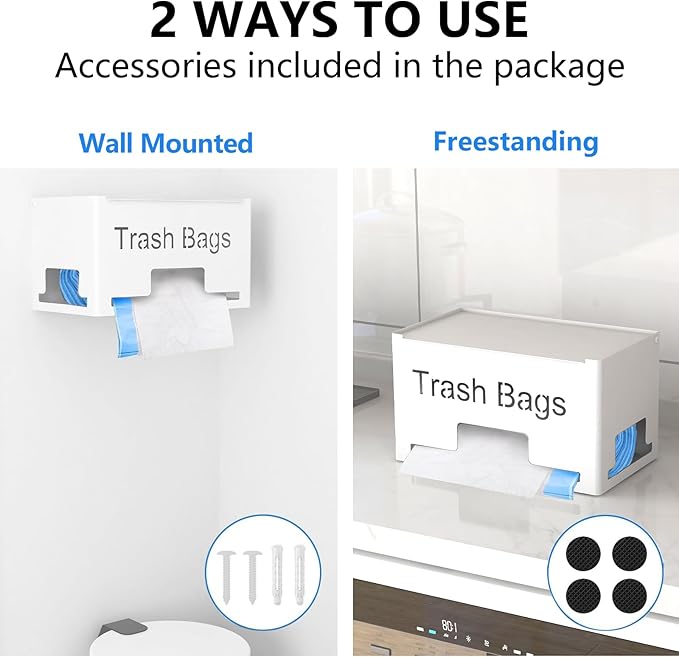 STWWO Large Trash Bag Holder Dispenser, Metal Garbage Bag Dispenser Roll Holder, Kitchen Trash Storage Organizer for Under Sink, Wall Mounted or Countertop, White