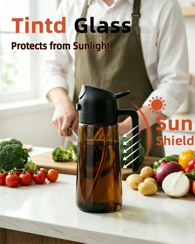 16oz/470ml Oil Sprayer for Cooking, 2 in 1 Oil Dispenser for Kitchen, Olive Oil Sprayer, Food Grade Glass Bottle for Kitchen Gadgets, Air Fryer Accessories, Salad, BBQ (Black)