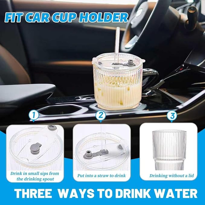20 oz Glass Tumbler with Lid and Straw, 4 Pack Clear Ribbed Iced Coffee Cup, High Borosilicate Glass Tumbler, Reusable Vintage Glassware for Iced Coffee, Smoothies, Cocktails, and Juices