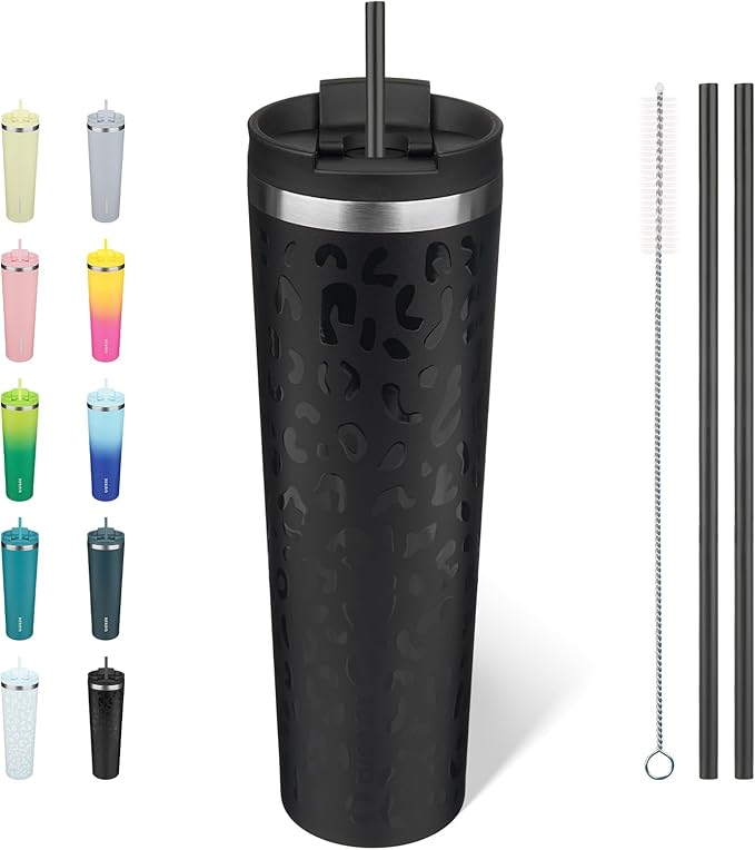 BJPKPK 34oz Insulated Tumbler With lid And Straw Stainless Steel Tumblers Travel Coffee Mug Reusable Thermal Cup,Black Leopard