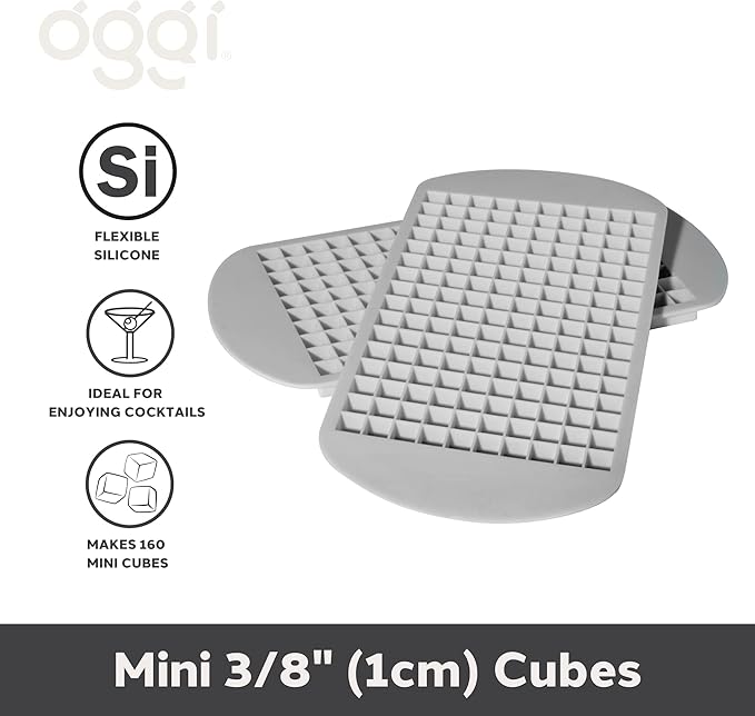 OGGI Small Ice Cube Tray, 2 Mini Ice Cube Trays, Tiny Ice Cube Maker, Flexible 160 Cavity Silicone Ice Trays for Freezer, Crushed Pebble Ice Cubes for Moscow Mules, Cocktails & Juices, BPA Free - Gray
