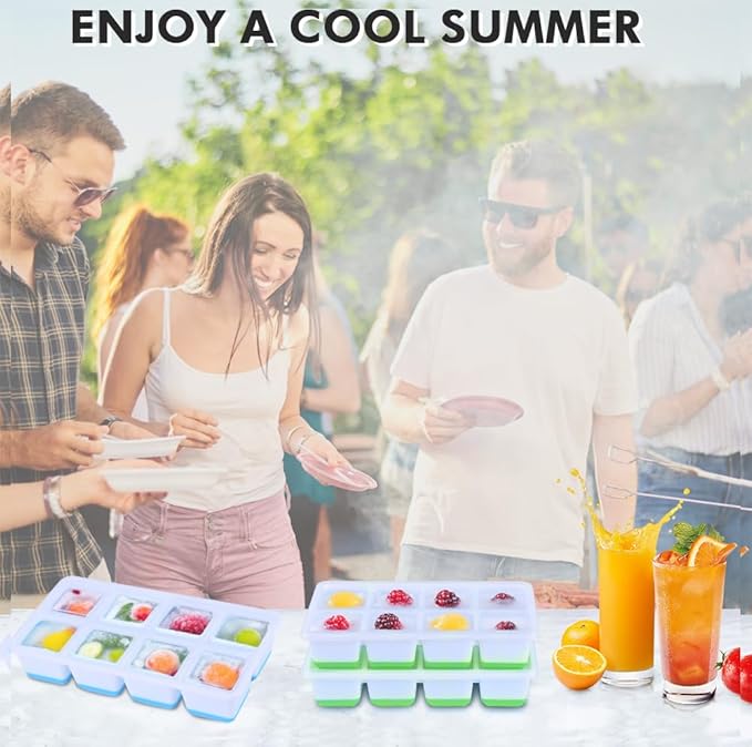 Ice Cube Trays 4 Pack, JRISBO Large Silicone Ice Cube Molds with Leak-Proof Lid, TPE Frame & Easy Release Bottom, Stackable Freezer Ice Trays for Whiskey, Cocktails, Soup, BPA Free