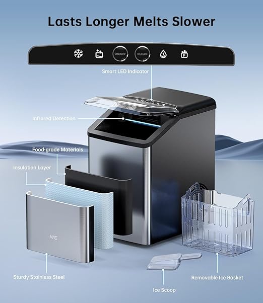 Ice Maker Nugget Countertop 40LBS Pebble Ice Machine,Quick Ice Making,Soft Crunchy Sonic Portable Small Frozen Ice Makers, Quiet Anti-Scale Self Cleaning Tabletop/Office/Home/Party/Camping,Metal Black